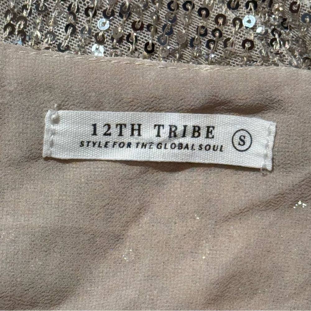 12th Tribe Now Or Never Champagne Sequin Wrap Dress sz S Sparkly Balloon Sleeve - Picture 7 of 11